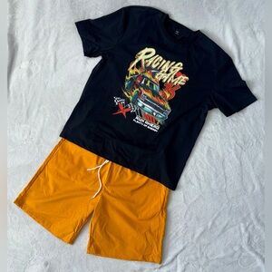 Racing Game Black T-Shirt and Orange Shorts Set